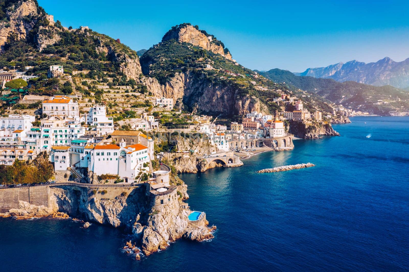 Aerial view of Atrani famous coastal village located on Amalfi Coast, Italy. Small town Atrani on Amalfi Coast in province of Salerno, Campania region, Italy. Atrani town on Amalfi coast, Italy.