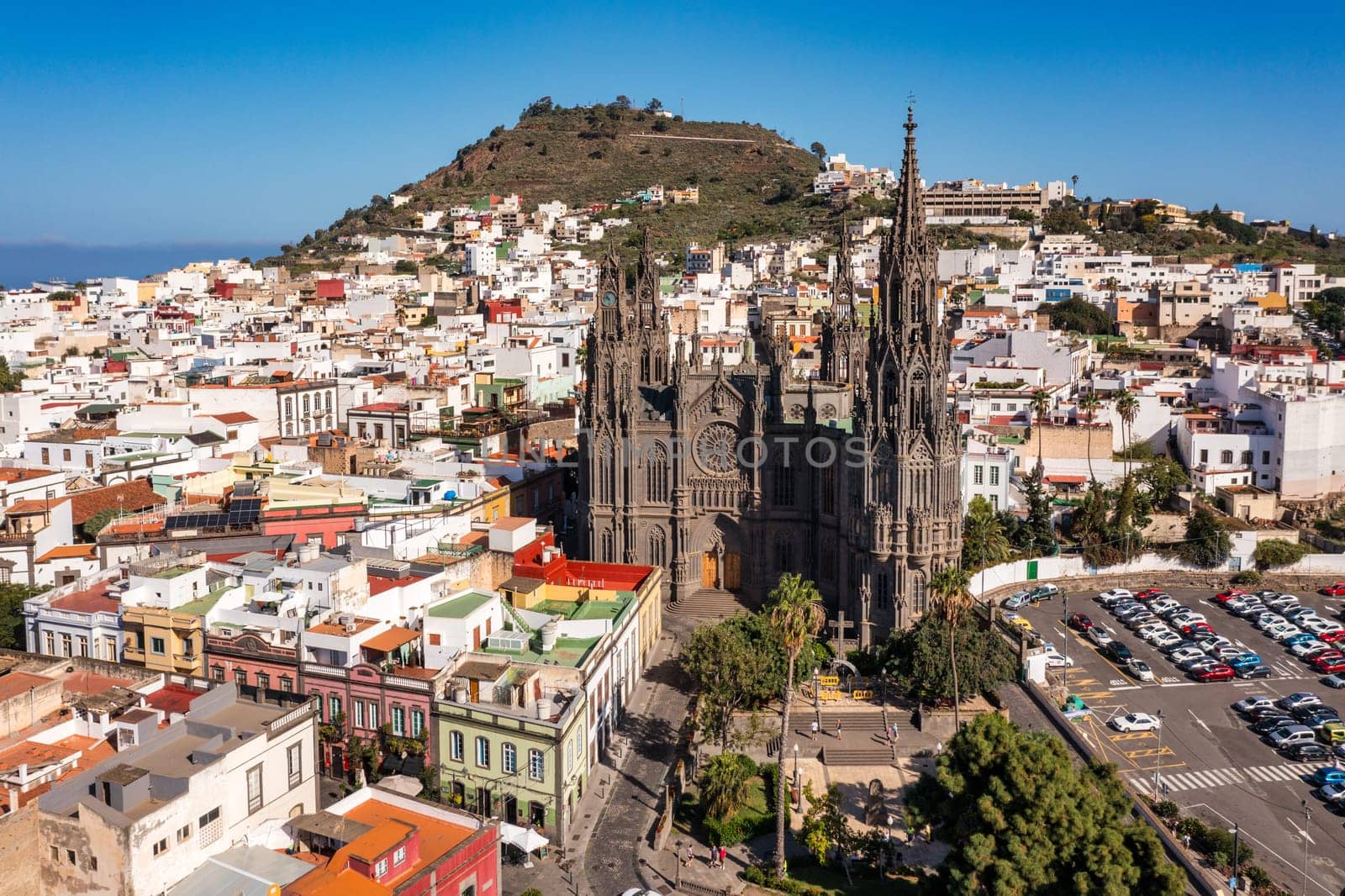 Aerial view of the Parroquia de San Juan Bautista de Arucas church in Arucas town, Gran Canaria, Canary Islands, Spain. Historic Neo-Gothic cathedral in Arucas. 