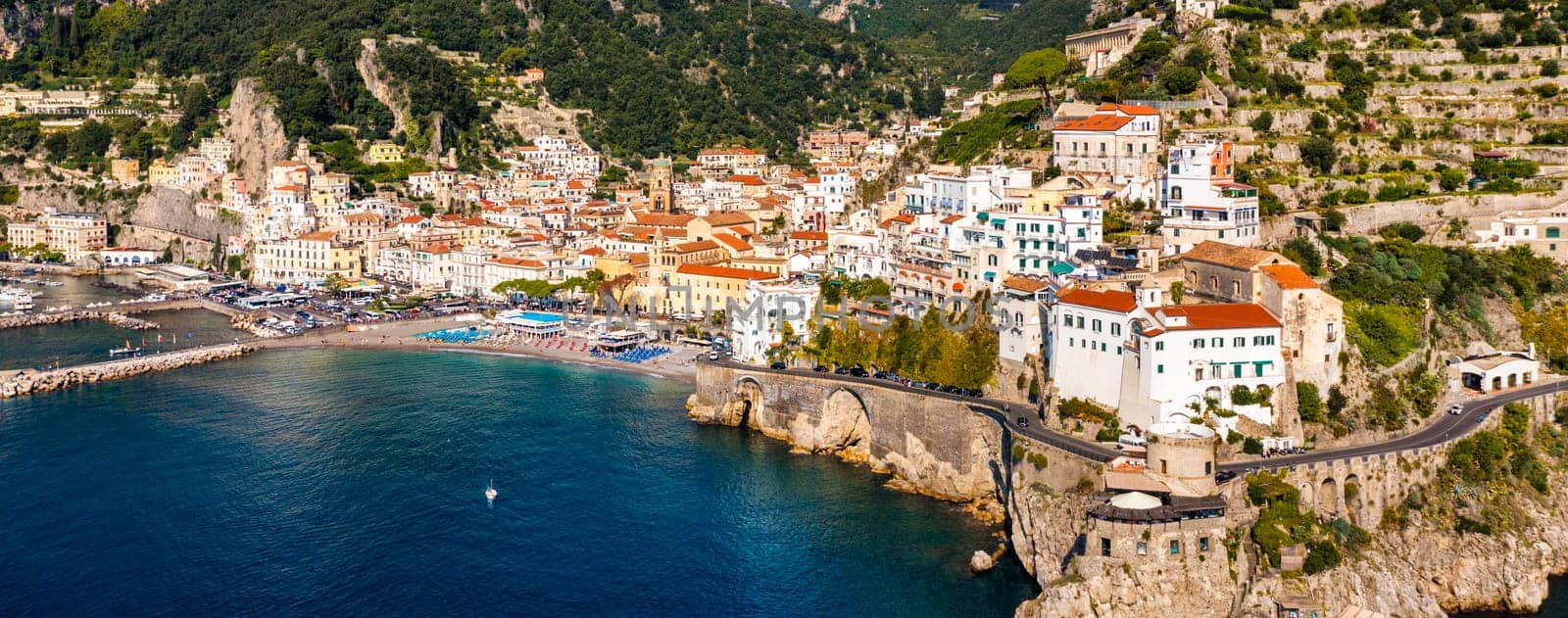 View of beautiful Amalfi town, Campania, Italy. Amalfi coast is most popular travel and holiday destination in Europe. Amalfi cityscape on coast line of mediterranean sea, Amalfi coast, Italy.