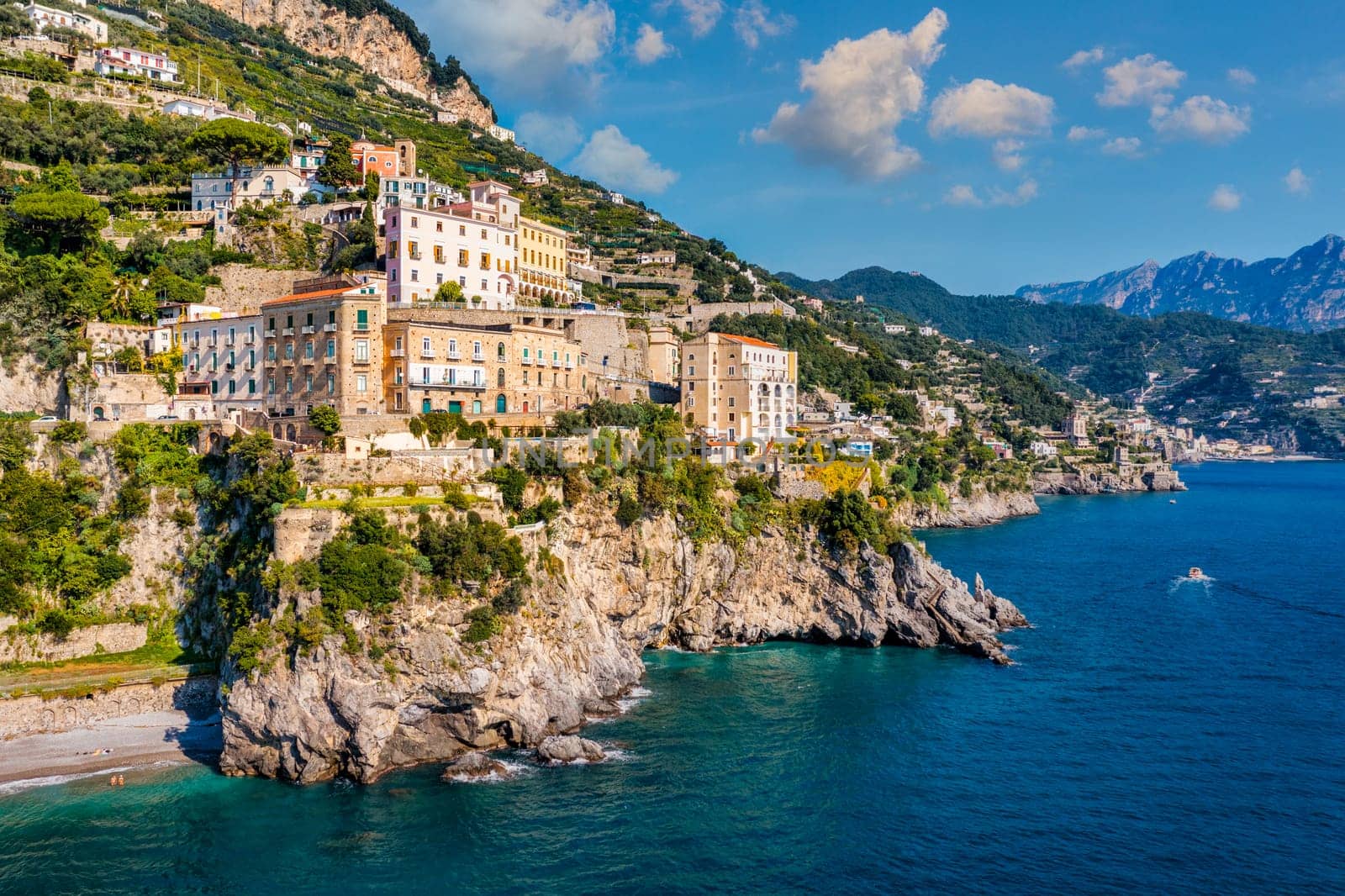 Aerial view of Atrani famous coastal village located on Amalfi Coast, Italy. Small town Atrani on Amalfi Coast in province of Salerno, Campania region, Italy. Atrani town on Amalfi coast, Italy.