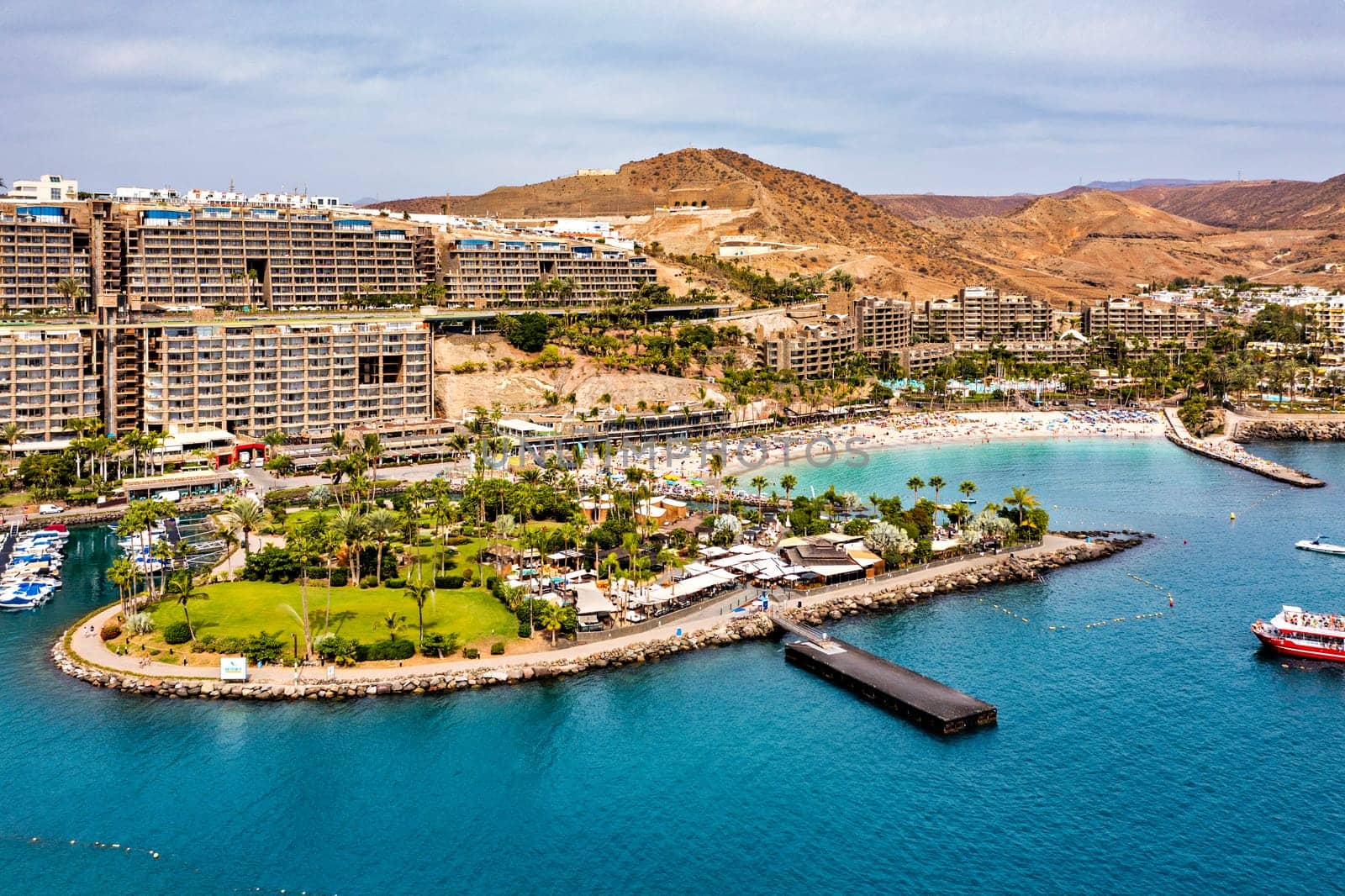 Aerial view with Anfi beach and resort, Gran Canaria, Spain. Playa Anfi del Mar, beautifull beach on Gran Canaria Island, Spain. Beach Anfi del Mar on Gran Canaria, Canary Islands, Spain.