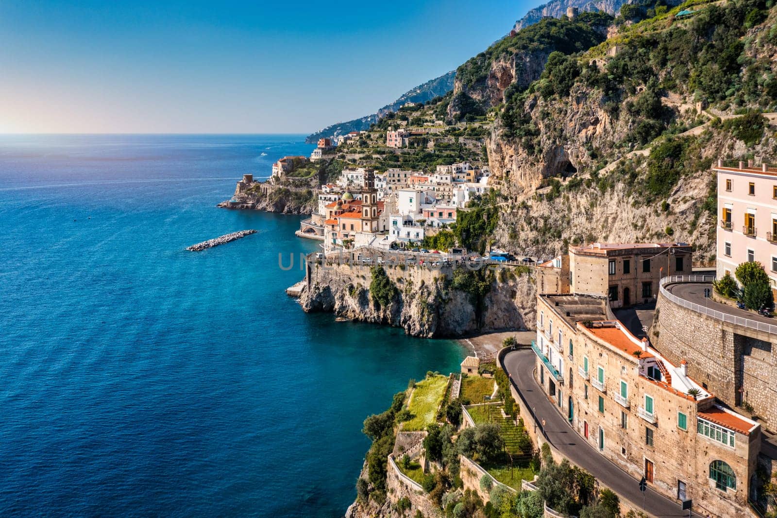 Aerial view of Atrani famous coastal village located on Amalfi Coast, Italy. Small town Atrani on Amalfi Coast in province of Salerno, Campania region, Italy. Atrani town on Amalfi coast, Italy.