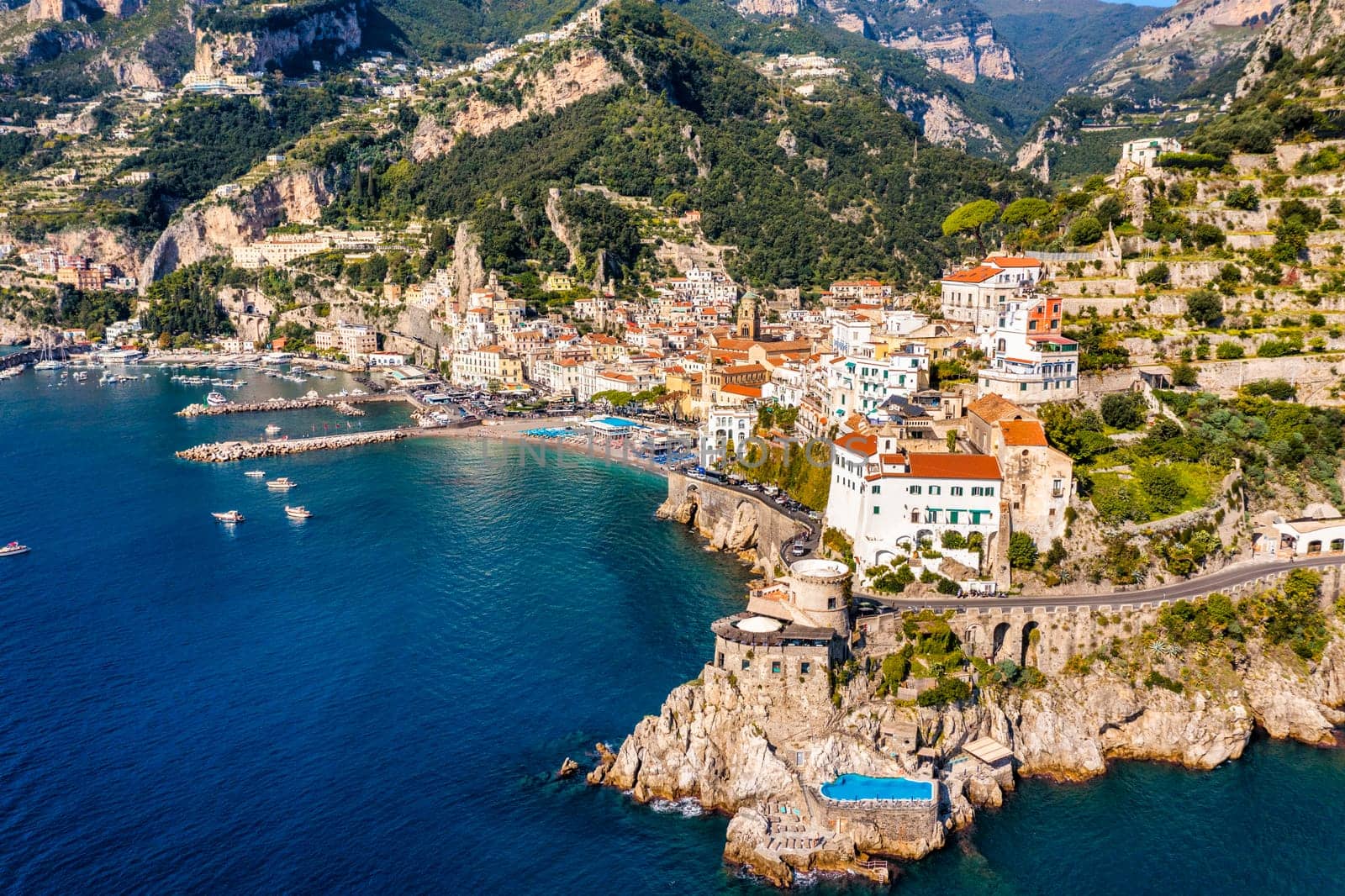 View of beautiful Amalfi town, Campania, Italy. Amalfi coast is most popular travel and holiday destination in Europe. Amalfi cityscape on coast line of mediterranean sea, Amalfi coast, Italy.