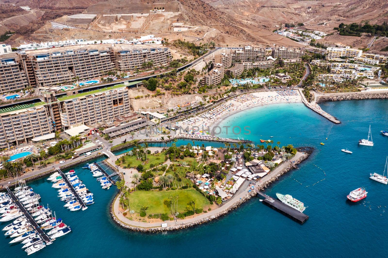 Aerial view with Anfi beach and resort, Gran Canaria, Spain. Playa Anfi del Mar, beautifull beach on Gran Canaria Island, Spain. Beach Anfi del Mar on Gran Canaria, Canary Islands, Spain.