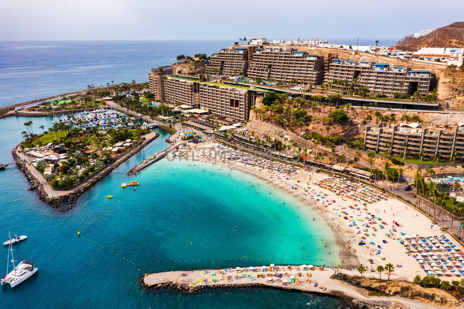 Aerial view with Anfi beach and resort, Gran Canaria, Spain. Playa Anfi del Mar, beautifull beach on Gran Canaria Island, Spain. Beach Anfi del Mar on Gran Canaria, Canary Islands, Spain.