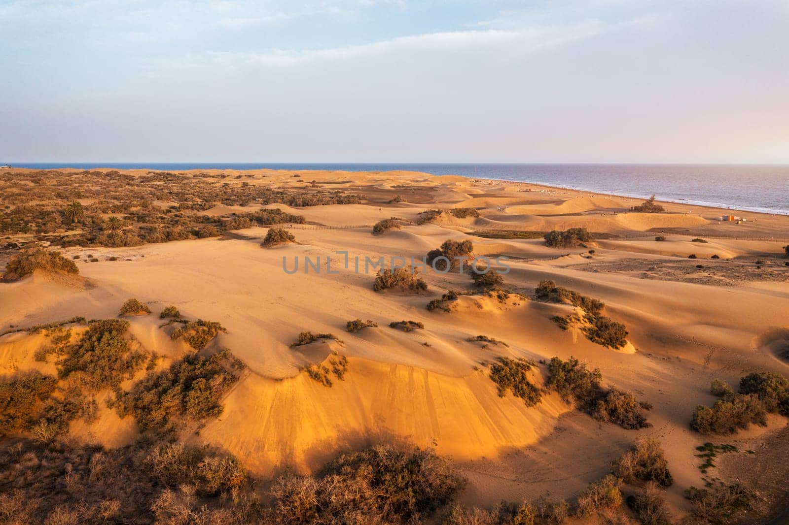 Landscape with Maspalomas town and golden sand dunes, Gran Canaria, Canary Islands, Spain. Natural Reserve of Dunes of Maspalomas, in Gran Canaria, Canary Islands, Spain.