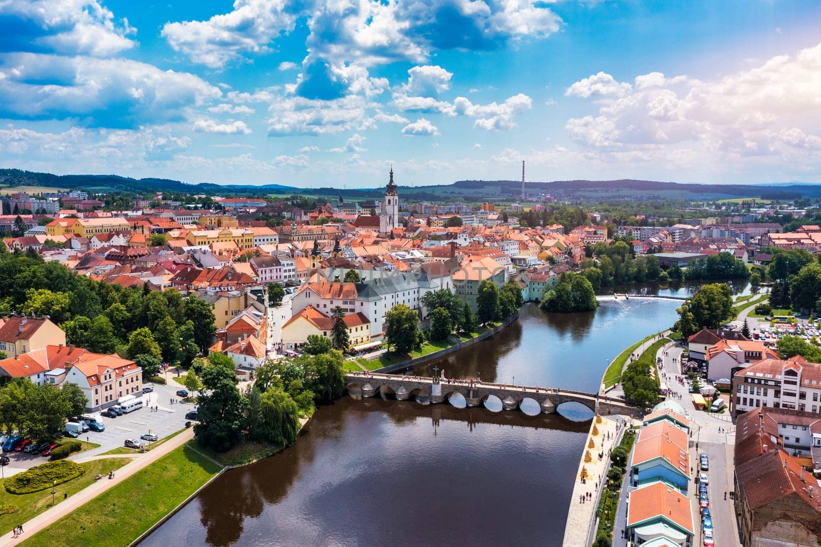 Medieval Town Pisek and historic stone bridge over river Otava in the Southern Bohemia, Czech Republic. Pisek Stone Bridge, the oldest preserved early Gothic bridge in the Czech republic.