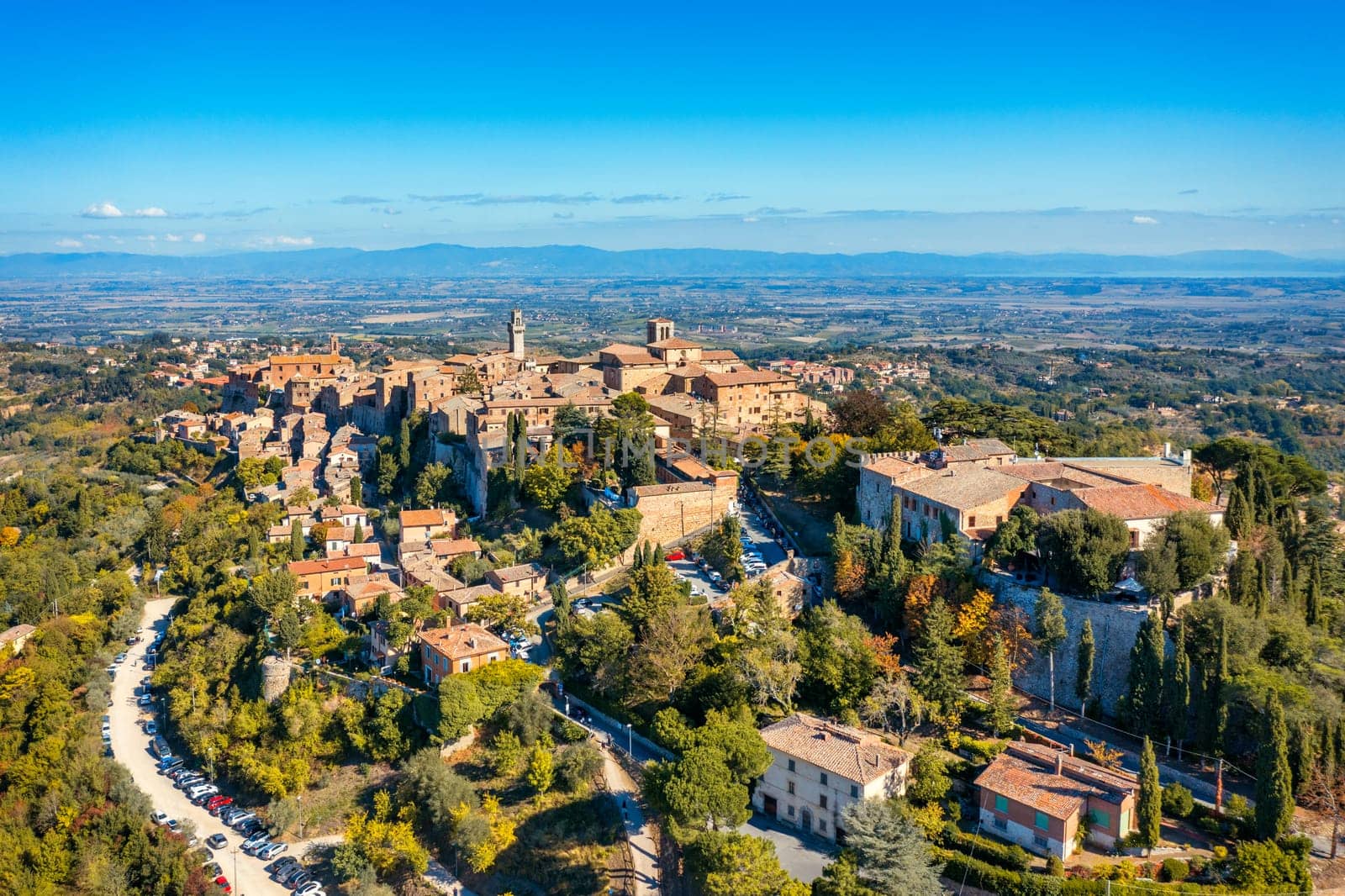 Village of Montepulciano with wonderful architecture and houses. A beautiful old town in Tuscany, Italy. Aerial view of the medieval town of Montepulciano, Italy