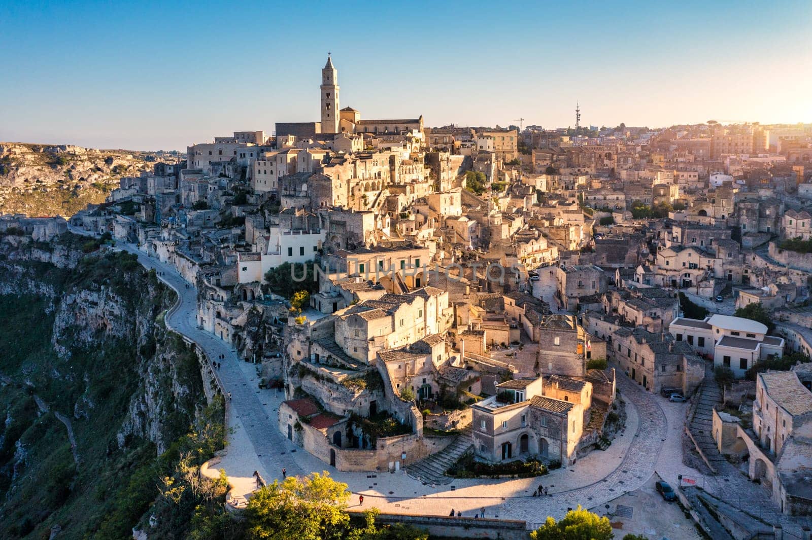 Panoramic view of the ancient town of Matera (Sassi di Matera) in a beautiful autumn day, Basilicata, southern Italy. Stunning view of the village of Matera. Matera is a city on a rocky outcrop.