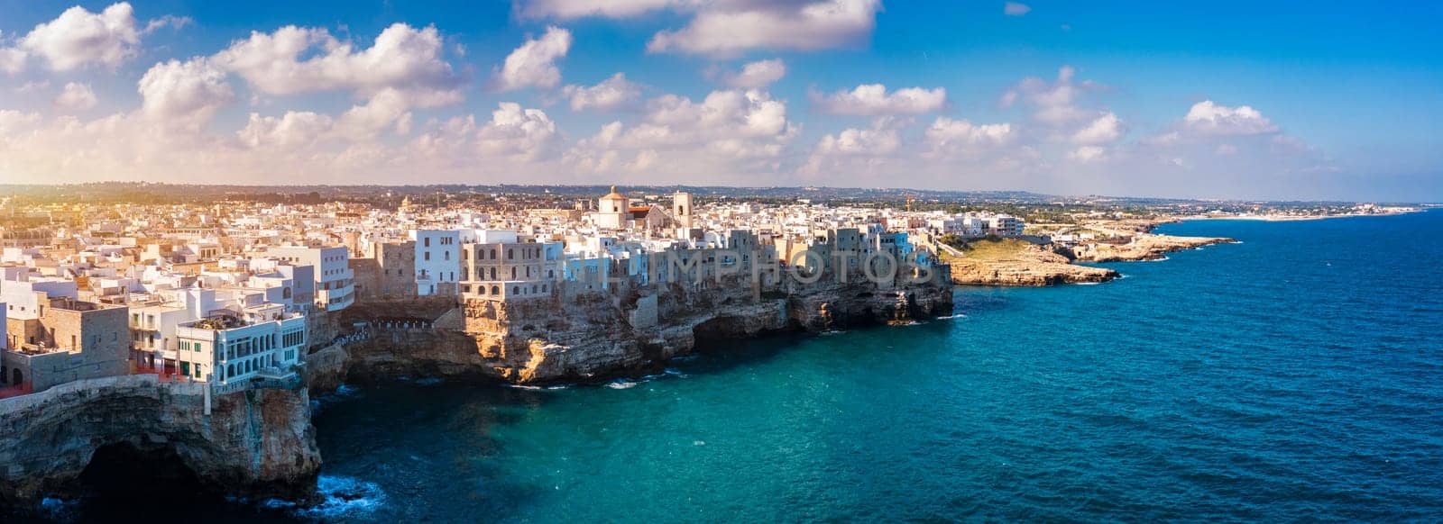 Spectacular cityscape of Polignano a Mare town, Puglia region, Italy, Europe. Polignano Al Mare, scenic small town in Puglia, Italy. Polignano a Mare village on the rocks, Bari, Apulia, Italy. 