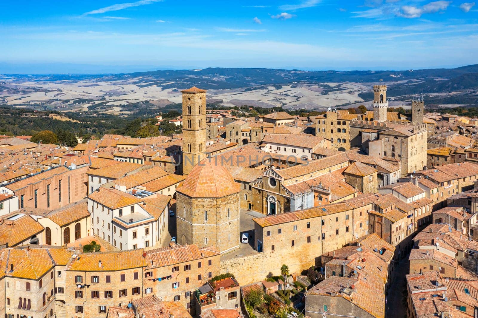 Tuscany, Volterra town skyline, church and panorama view. Maremma, Italy, Europe. Panoramic view of Volterra, medieval Tuscan town with old houses, towers and churches, Tuscany, Italy.