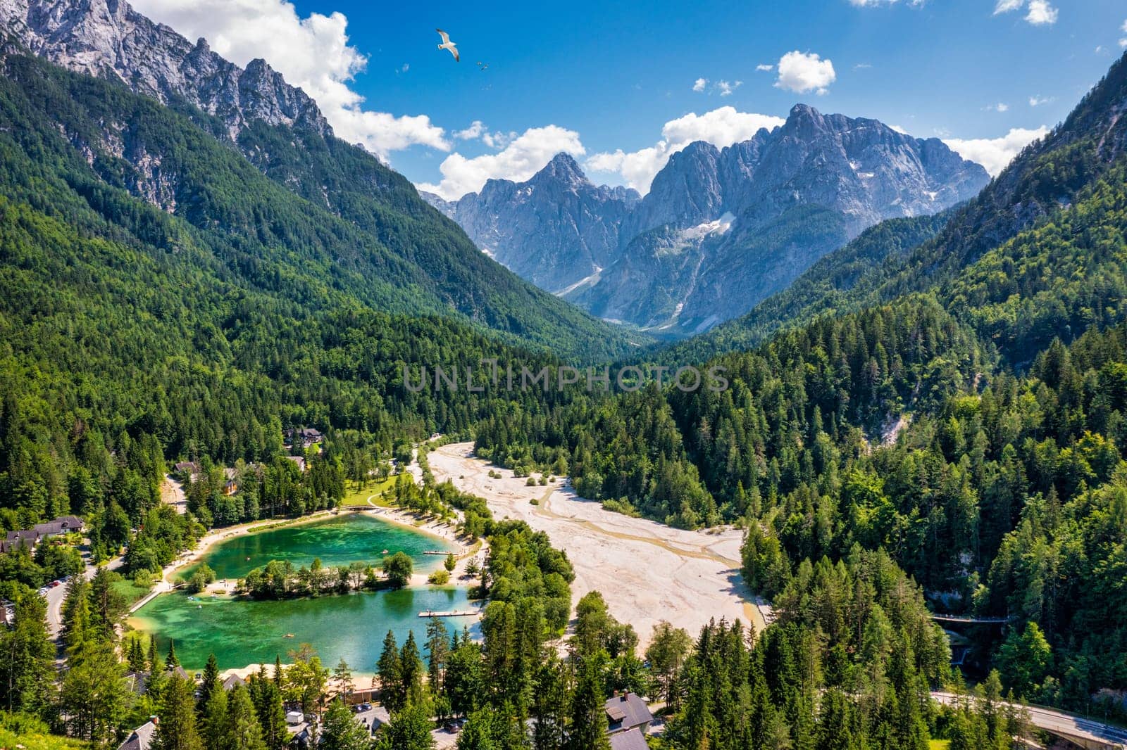 Great nature scenery in Slovenian Alps. Incredible summer landscape on Jasna lake. Triglav national park. Kranjska Gora, Slovenia. Mountain lake Jasna in Krajsnka Gora, Slovenia. 