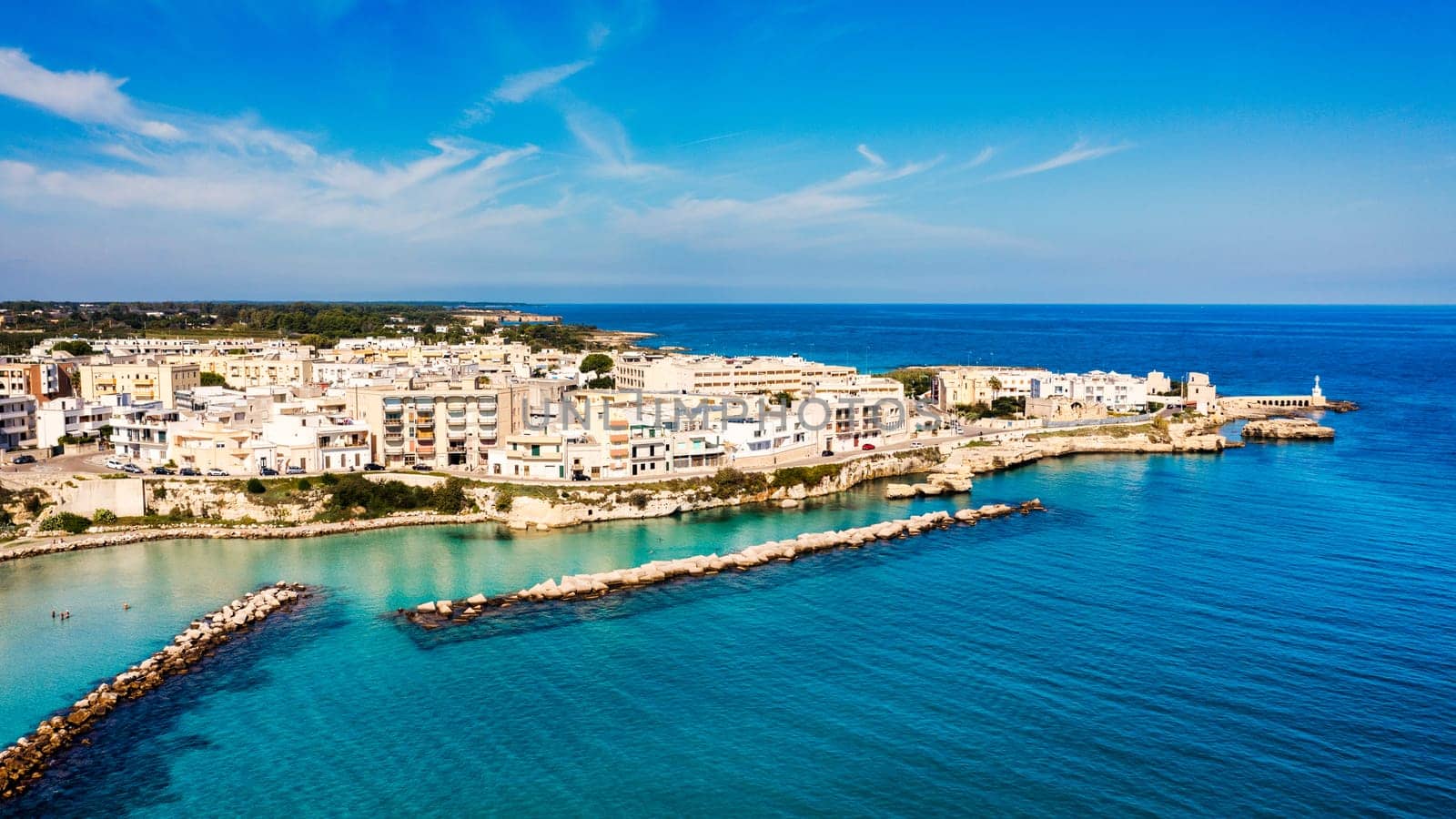 Aerial view of Otranto town on the Salento Peninsula in the south of Italy, Easternmost city in Italy (Apulia) on the coast of the Adriatic Sea. View of Otranto town, Puglia region, Italy.