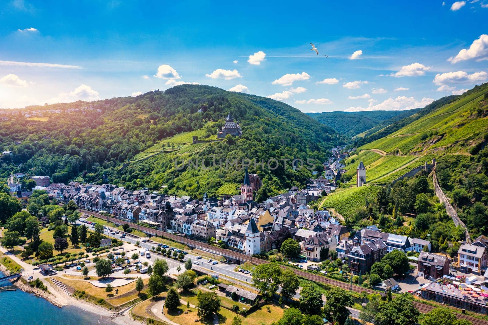 Bacharach panoramic view. Bacharach is a small town in Rhine valley in Rhineland-Palatinate, Germany. Bacharach on Rhein town, Rhine river, Germany.