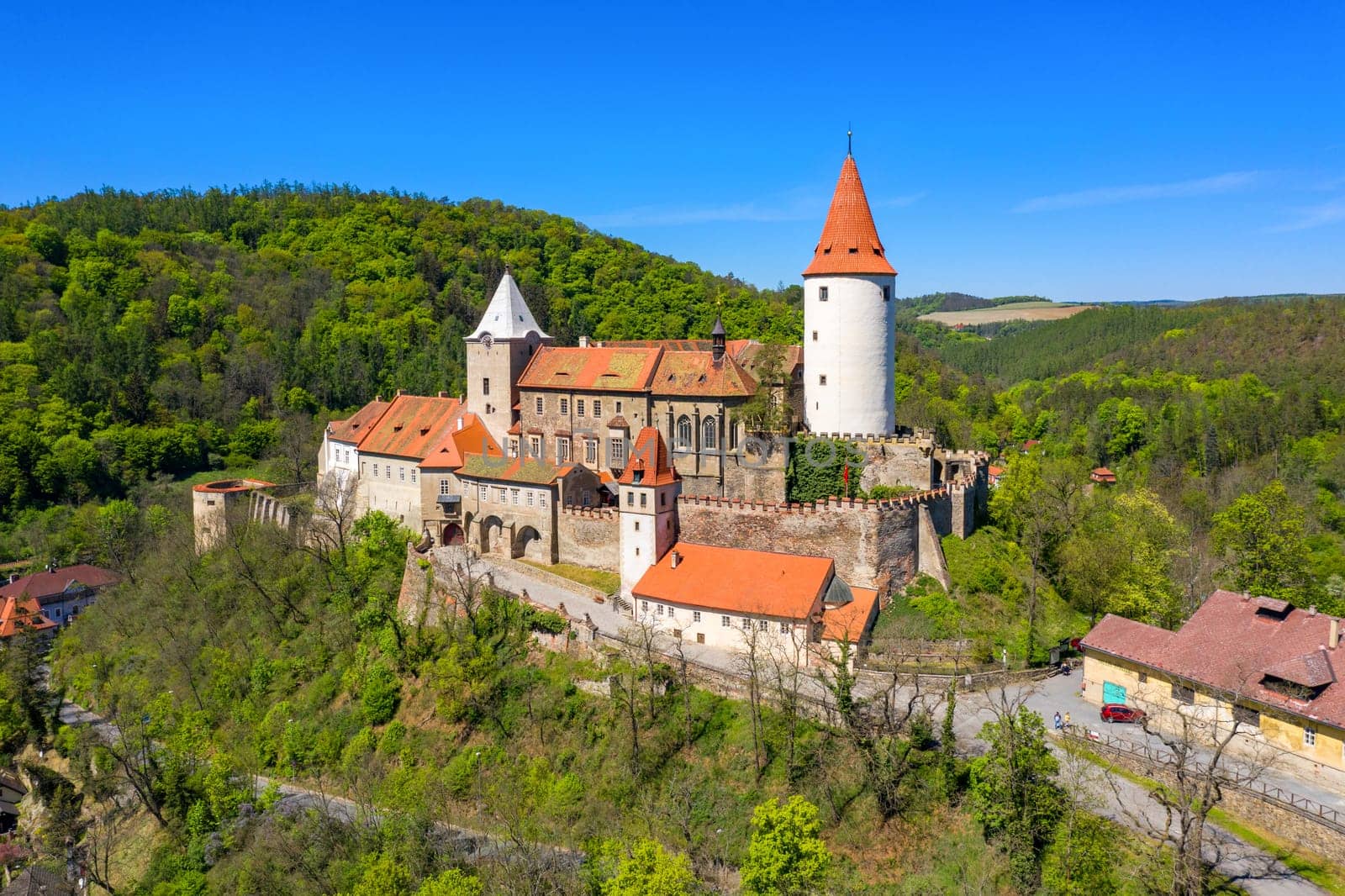 Aerial view of castle Krivoklat in Czech republic, Europe. Famous Czech medieval castle of Krivoklat, central Czech Republic. Krivoklat castle, medieval royal castle in Central Bohemia, Czechia. 