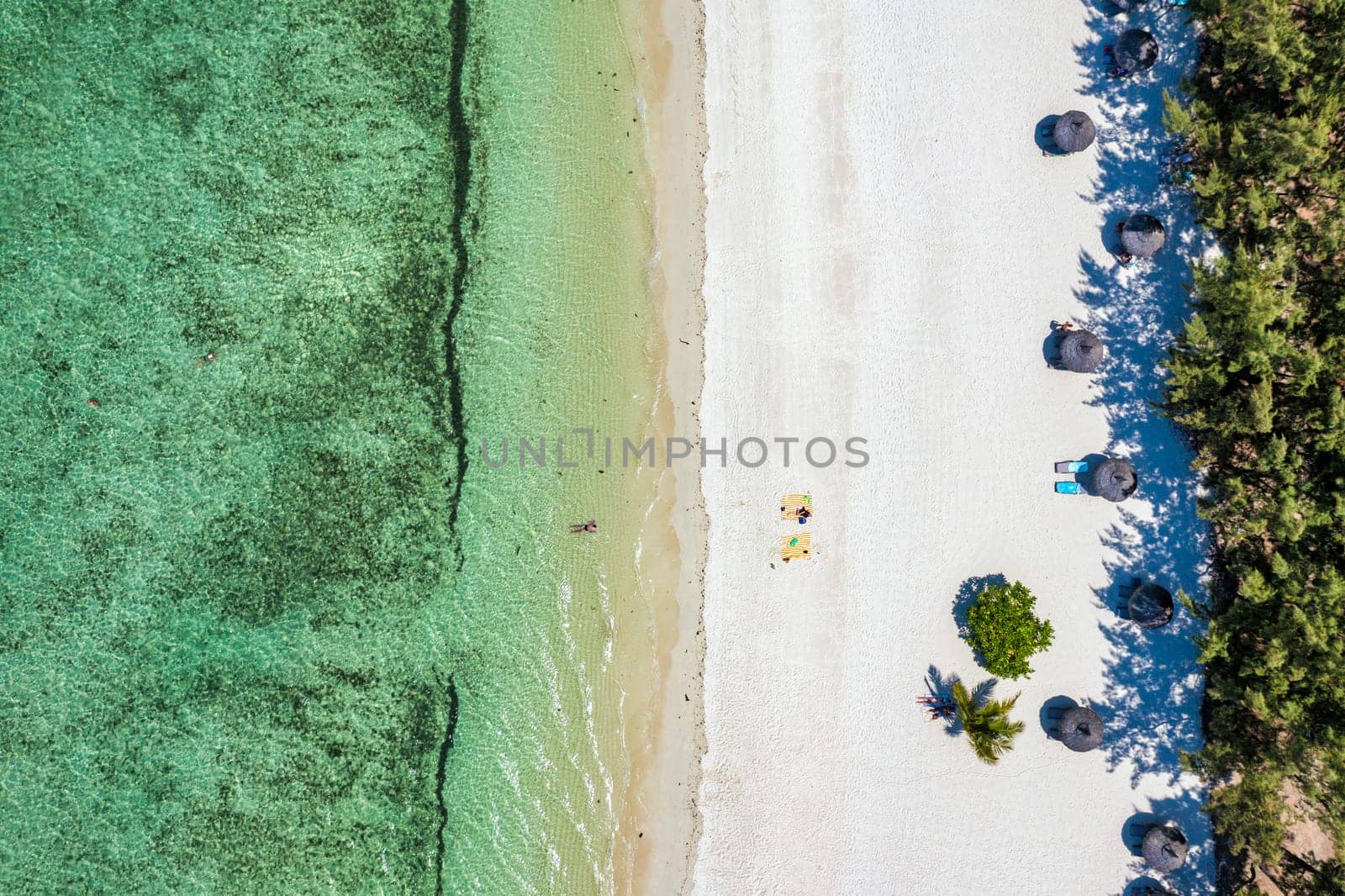 Tropical beach scenery, vacation in paradise island Mauritius. Dream exotic island, tropical paradise. Best beaches of Mauritius island, luxury resorts of Mauritius, Indian Ocean, Africa.