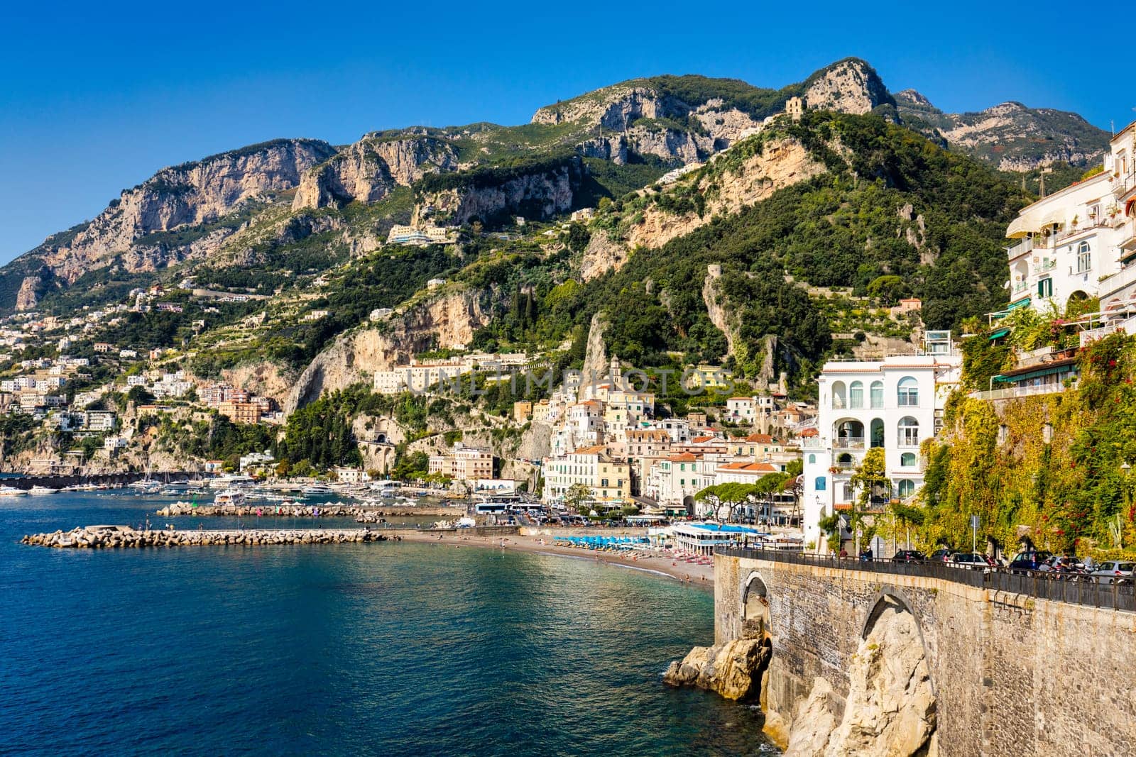 View of beautiful Amalfi town, Campania, Italy. Amalfi coast is most popular travel and holiday destination in Europe. Amalfi cityscape on coast line of mediterranean sea, Amalfi coast, Italy.