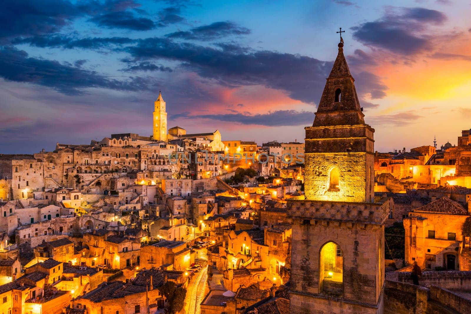 Panoramic view of the ancient town of Matera (Sassi di Matera) in a beautiful autumn day, Basilicata, southern Italy. Stunning view of the village of Matera. Matera is a city on a rocky outcrop.