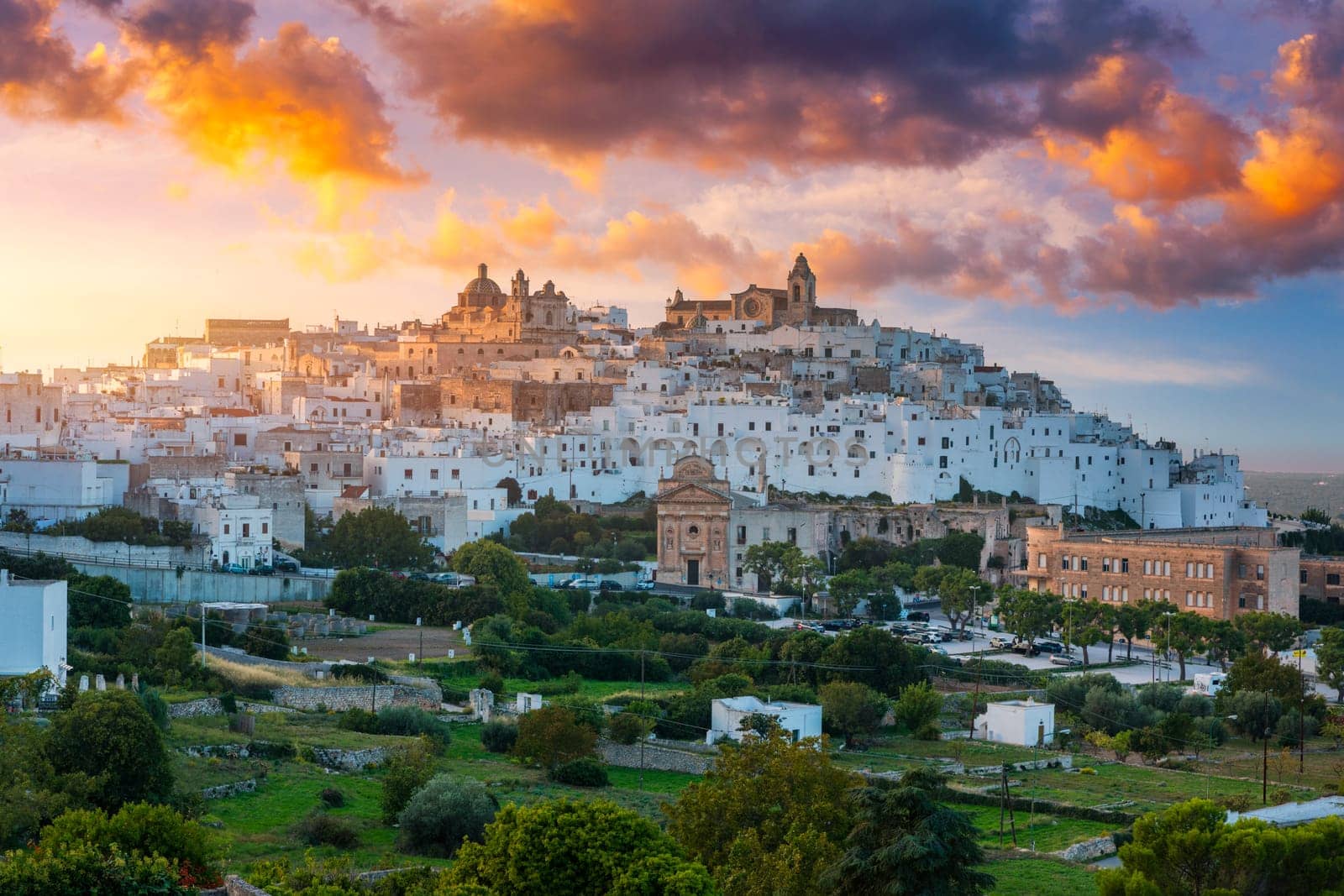 View of Ostuni white town, Brindisi, Puglia (Apulia), Italy, Europe. Old Town is Ostuni's citadel. Ostuni is referred to as the White Town. Ostuni white town skyline and church, Brindisi, Italy.