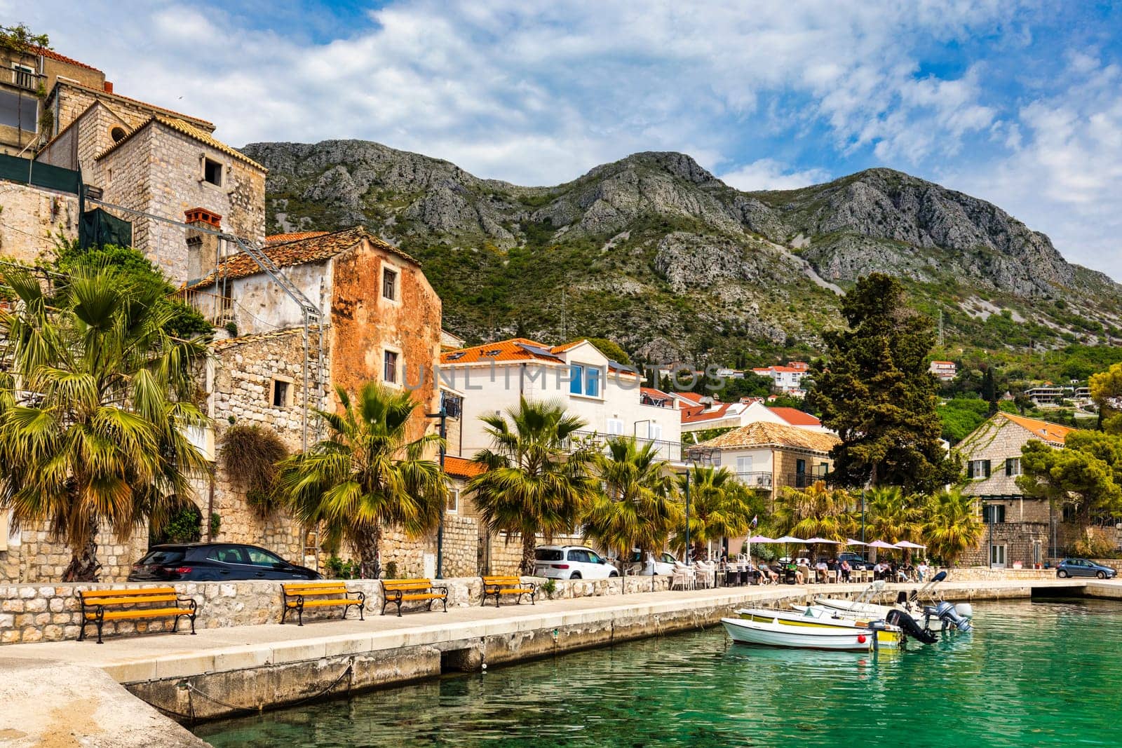 Idyllic village of Mlini in Dubrovnik archipelago view, south Dalmatia region of Croatia. Adriatic village of Mlini waterfront aerial view, Dubrovnik coastline of Croatia.