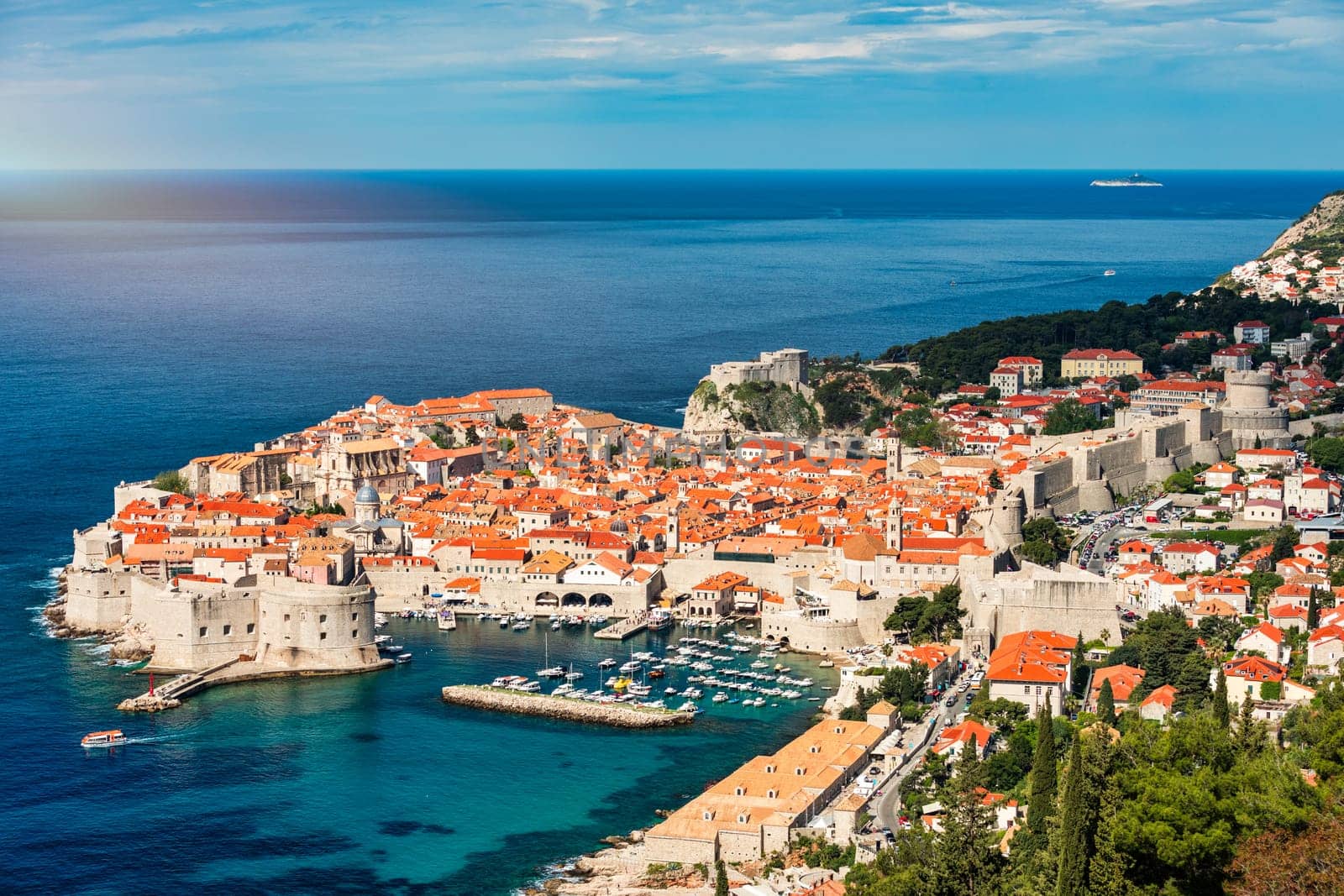 The aerial view of Dubrovnik, a city in southern Croatia fronting the Adriatic Sea, Europe. Old city center of famous town Dubrovnik, Croatia. Dubrovnik historic city of Croatia in Dalmatia. 