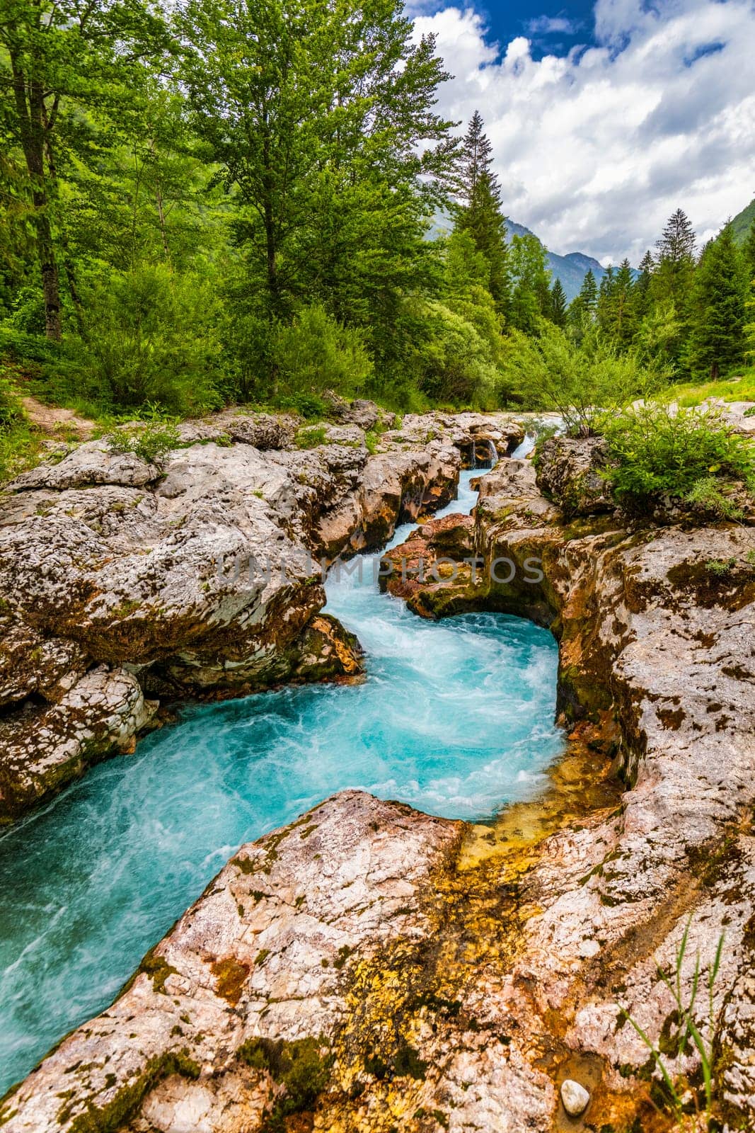 Amazing Soca river gorge in Slovenian Alps. Great Soca Gorge (Velika korita Soce), Triglav National park, Slovenia. Great canyon of Soca river, Bovec, Slovenia. Soca Gorge in Triglav National Park.