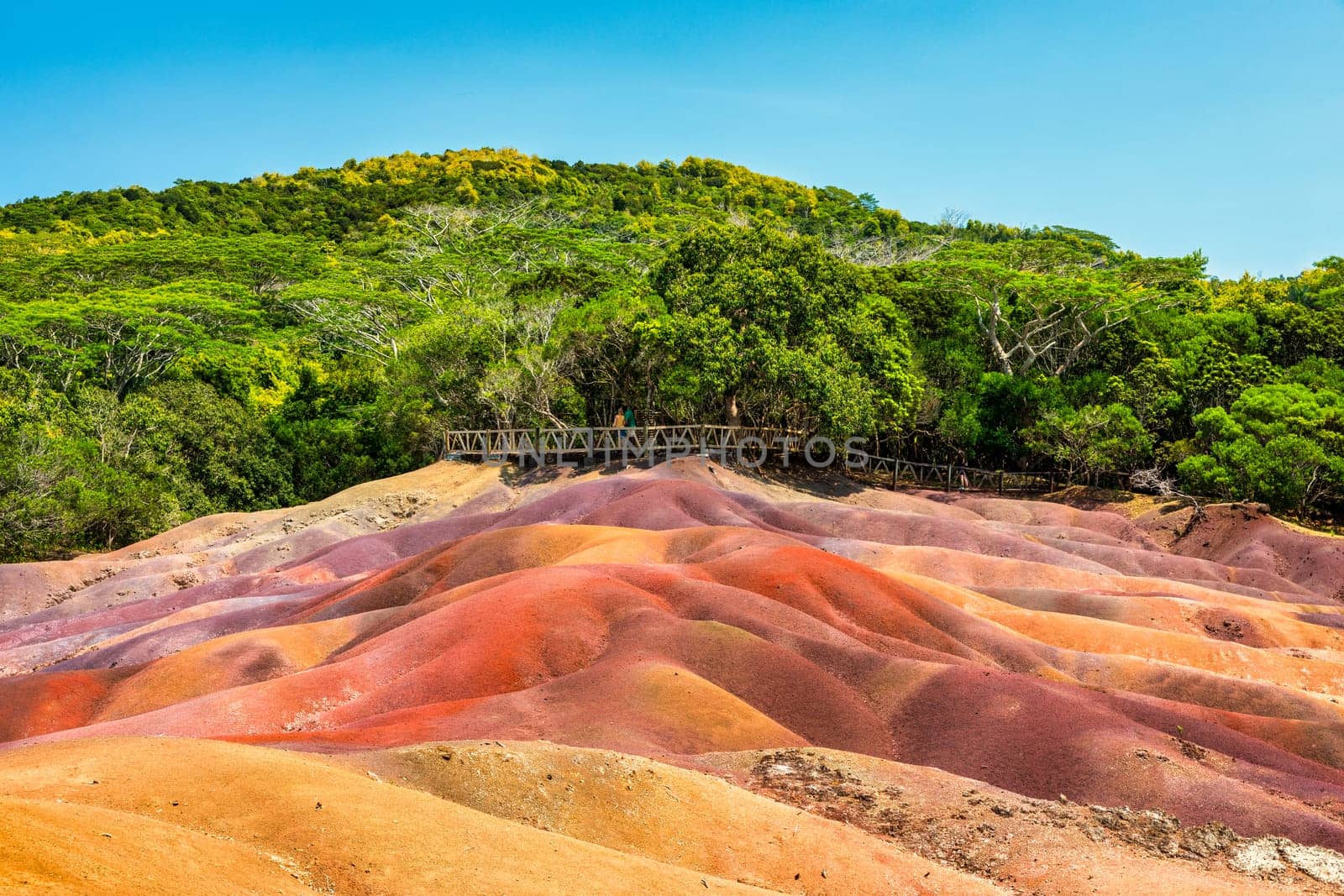 Chamarel Seven Colored Earth Geopark in Mauritius Island. Colorful panoramic landscape about this volcanic geological formation Chamarel Seven Colored Earth Geopark in Riviere noire district.