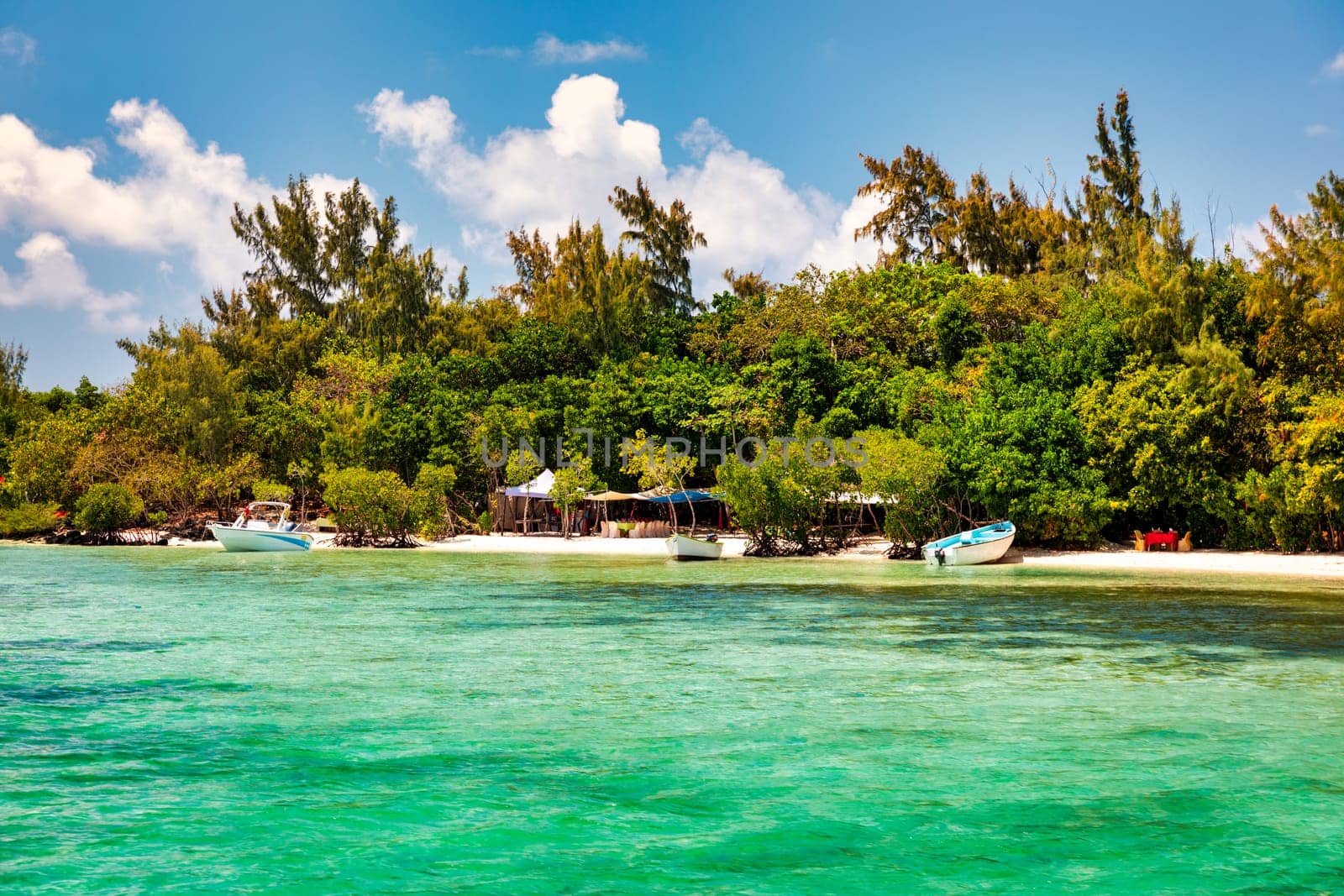 Tropical beach scenery, vacation in paradise island Mauritius. Dream exotic island, tropical paradise. Best beaches of Mauritius island, luxury resorts of Mauritius, Indian Ocean, Africa.