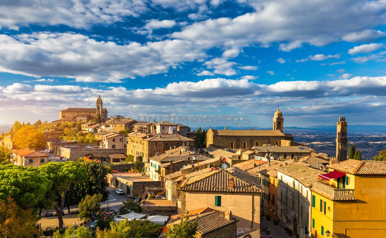 View of Montalcino town, Tuscany, Italy. Montalcino town takes its name from a variety of oak tree that once covered the terrain. View of the medieval Italian town of Montalcino. Tuscany