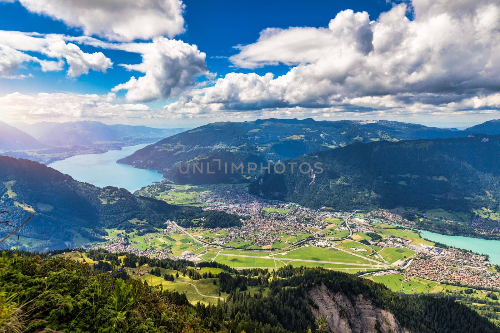 Beautiful Lake Thun and Lake Brienz view from Schynige Platte trail in Bernese Oberland, Canton of Bern, Switzerland. Popular mountain in the Swiss Alps called Schynige Platte in Switzerland.