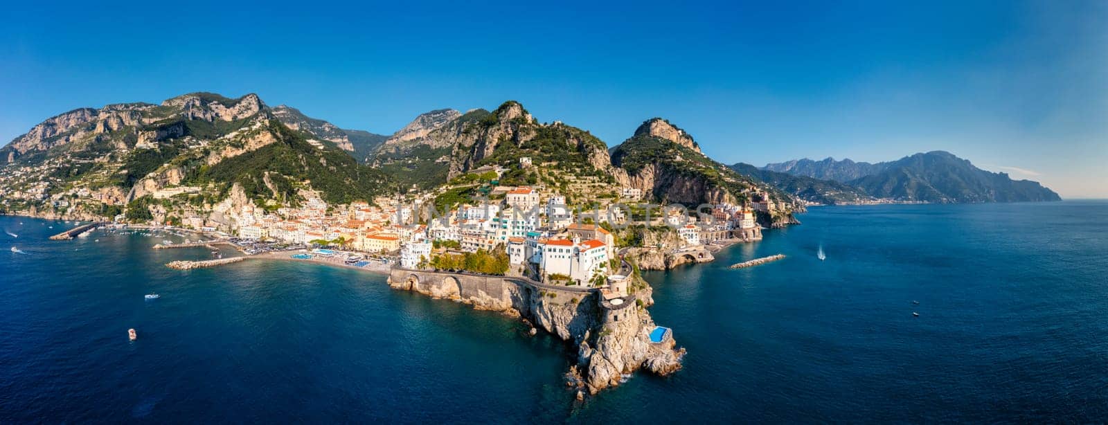 Aerial view of Atrani famous coastal village located on Amalfi Coast, Italy. Small town Atrani on Amalfi Coast in province of Salerno, Campania region, Italy. Atrani town on Amalfi coast, Italy.