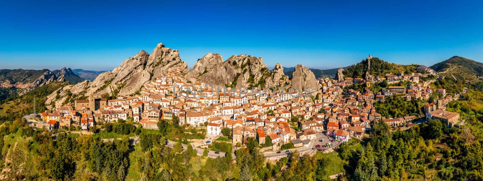 Cityscape aerial view of medieval city of Pietrapertosa, Italy. View of Pietrapertosa town in the Lucanian Dolomites in Italy. Pietrapertosa village in Apennines Dolomiti Lucane. Basilicata, Italy.