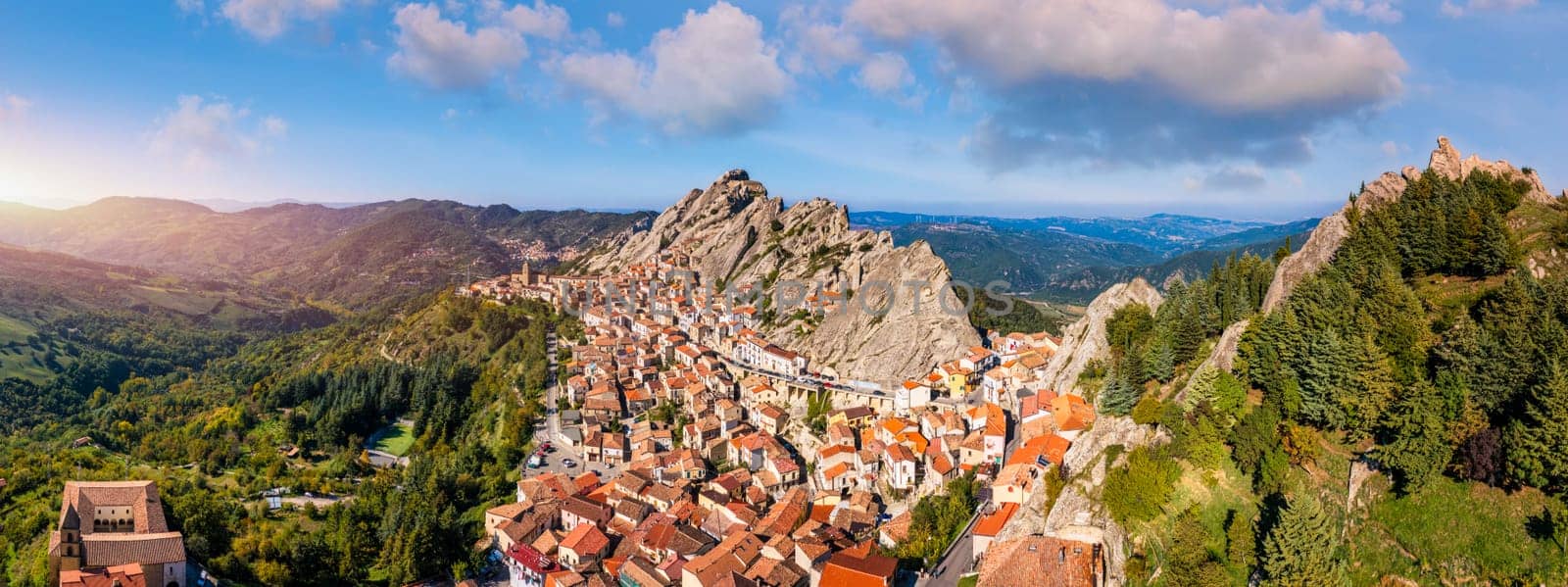 Cityscape aerial view of medieval city of Pietrapertosa, Italy. View of Pietrapertosa town in the Lucanian Dolomites in Italy. Pietrapertosa village in Apennines Dolomiti Lucane. Basilicata, Italy.