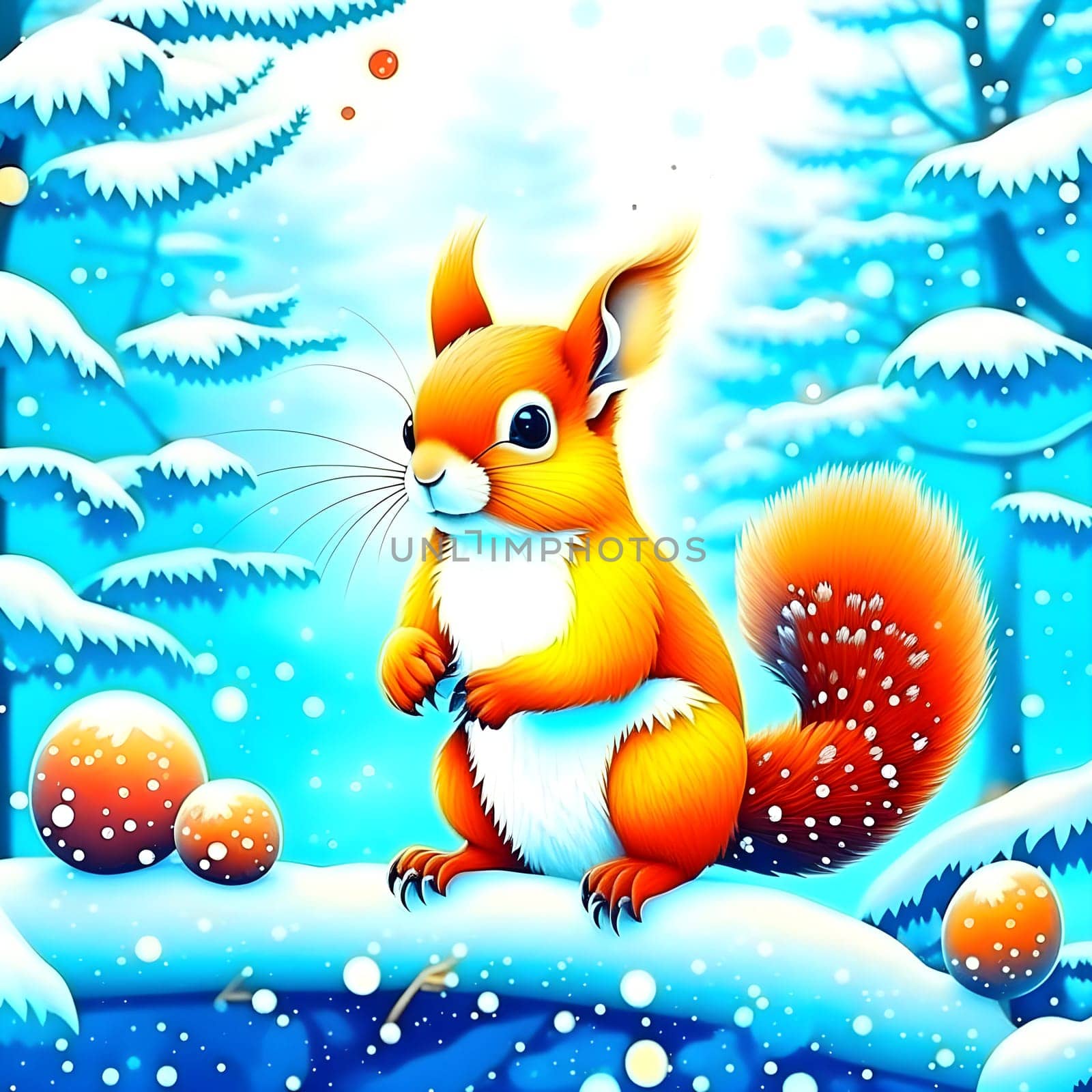 Forest animal cute beautiful squirrel on a branch in winter. Illustration. А squirrel with a tail is sitting on a branch. Generative AI