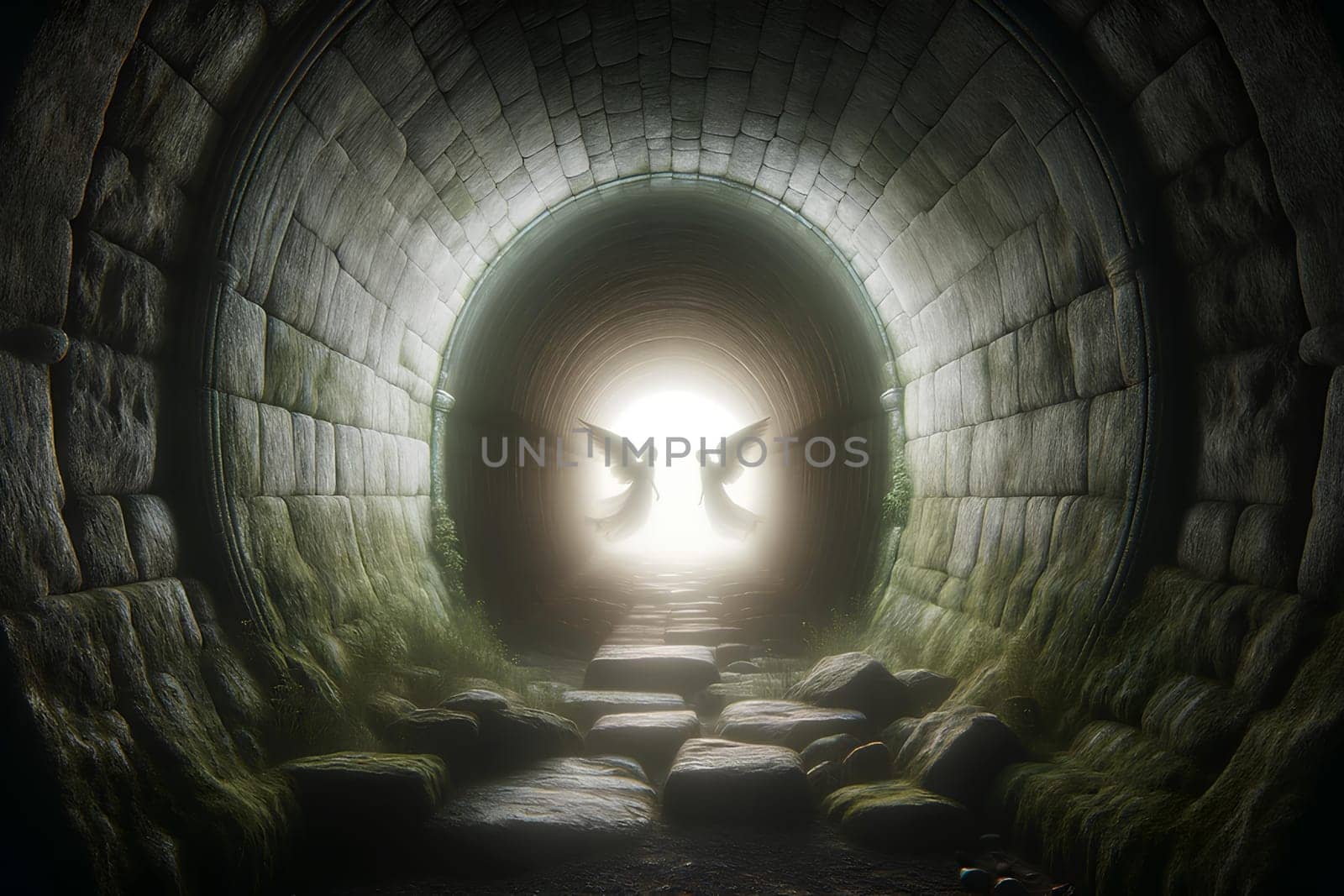 two angels in bright light at the end of an ancient stone dark tunnel.