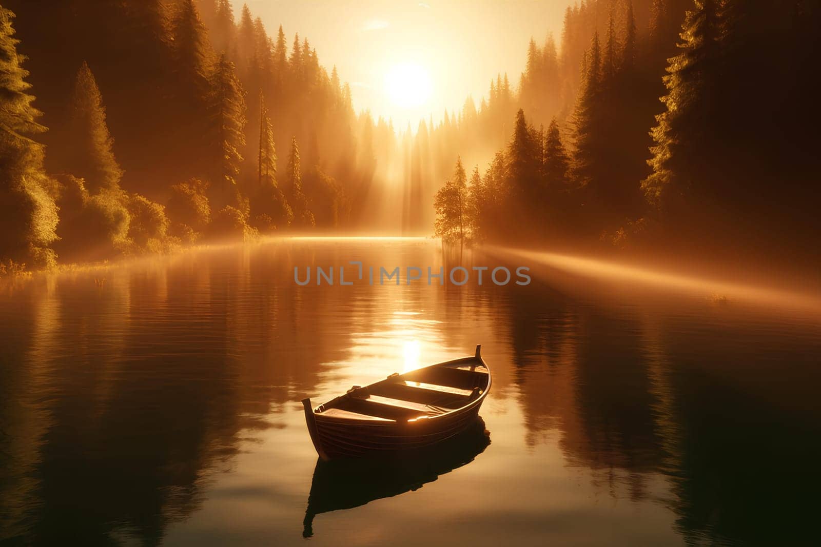 Horizontal landscape in golden tones, a wooden boat sailing smoothly on a serene forest lake during sunset.