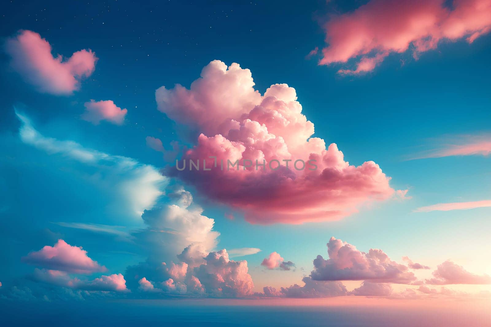 a beautiful blue sky with fluffy pink clouds illuminated by the sun.