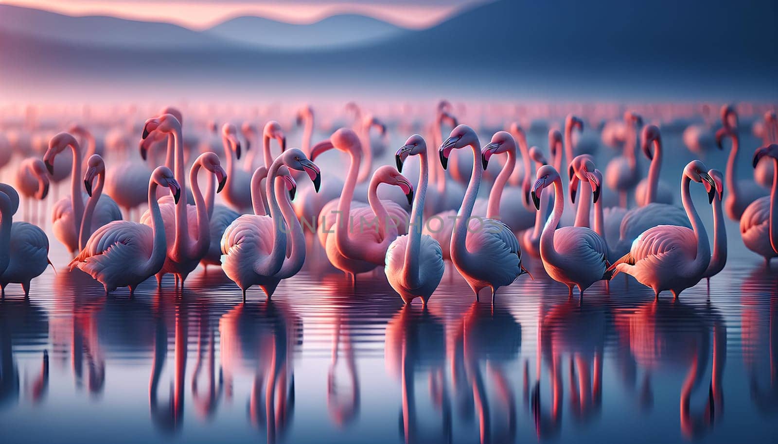 close-up of a flock of pink flamingos in the lake at dawn.