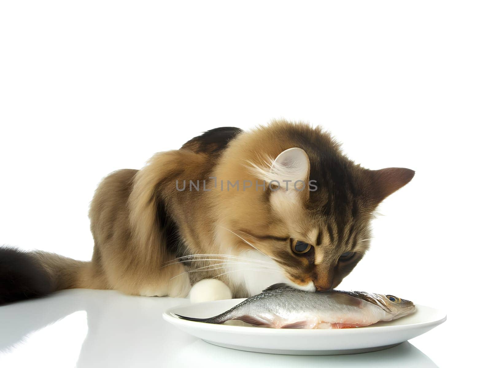 a fluffy domestic cat eating fish on a white background.