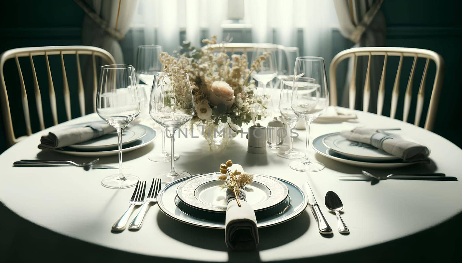 restaurant table set for two with elegant china.