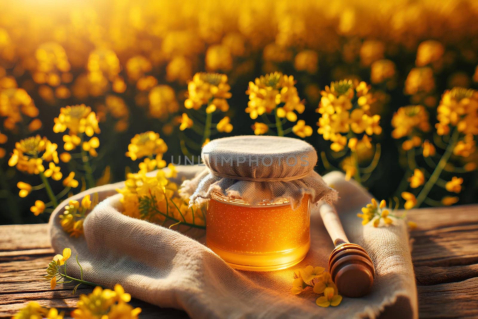 a small jar of honey on a wooden table, covered with a linen napkin on a background of yellow rapeseed flowers
