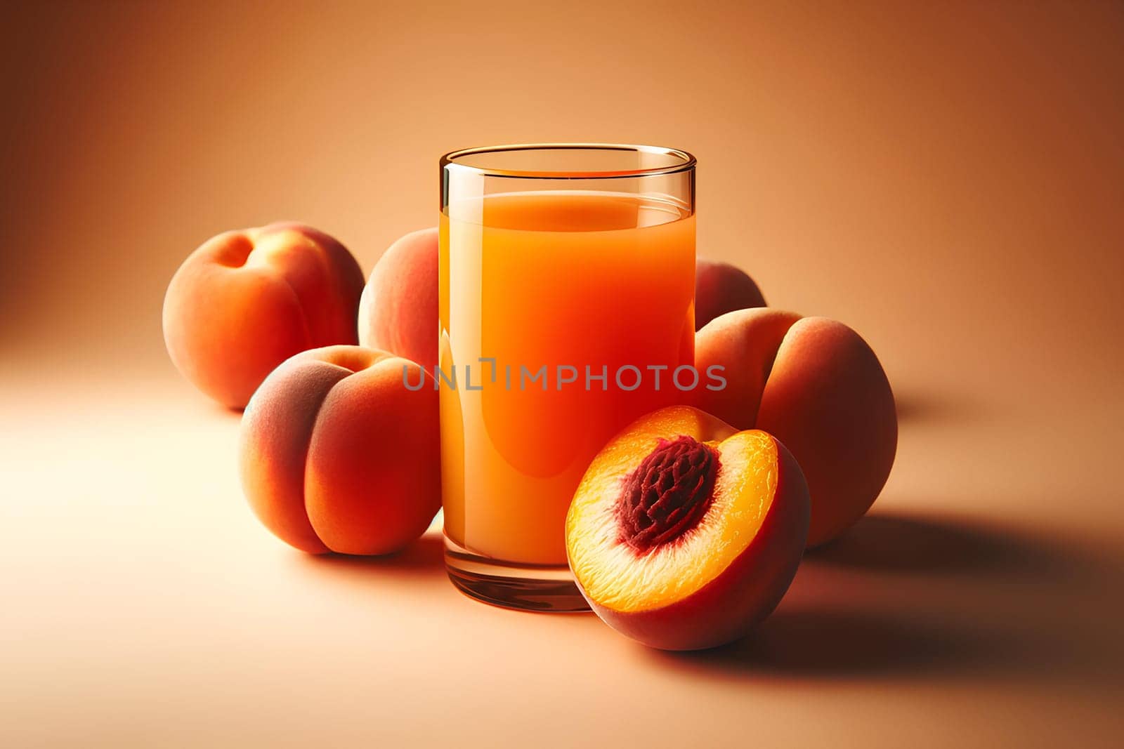 a glass of peach fresh juice and three whole peaches on a soft peach-colored background.