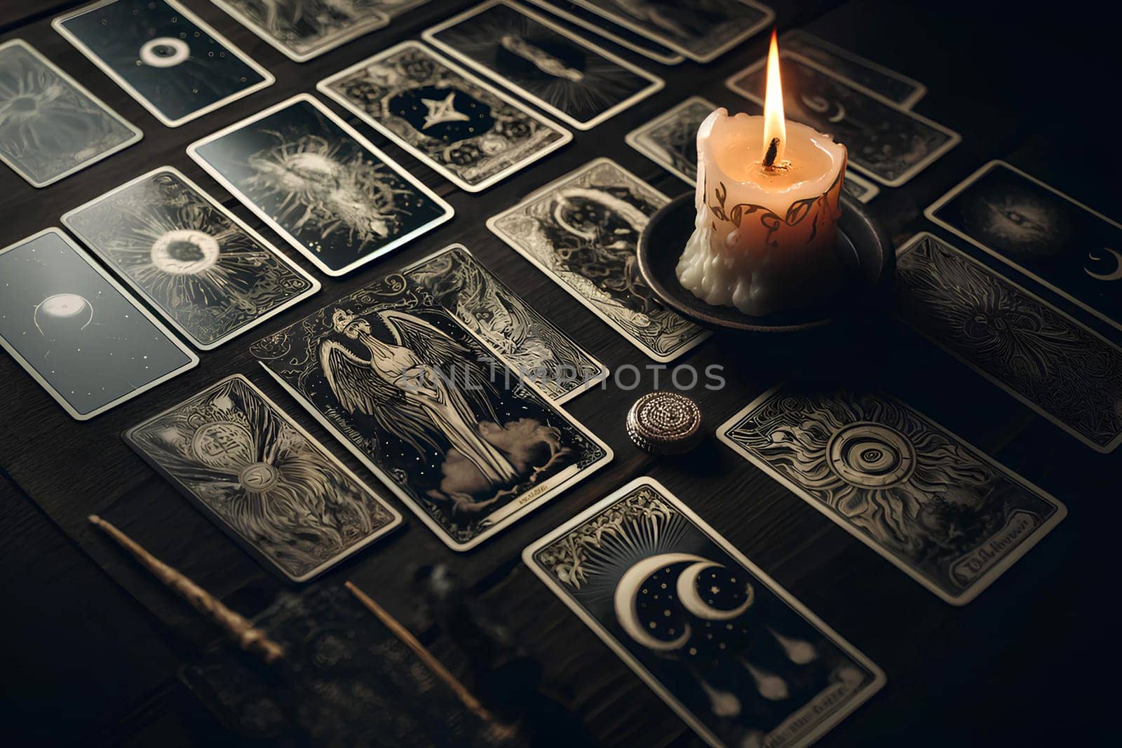 burning candle on laid out tarot cards.