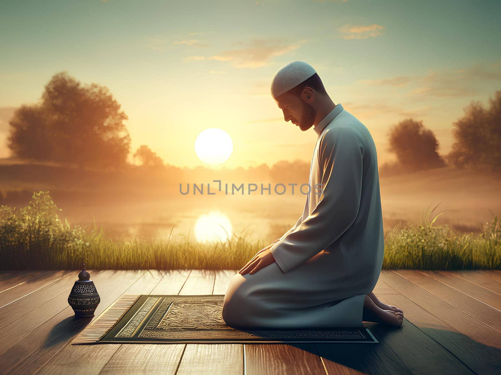 a man performing traditional Muslim prayer Salah Namaz outdoors at sunrise.
