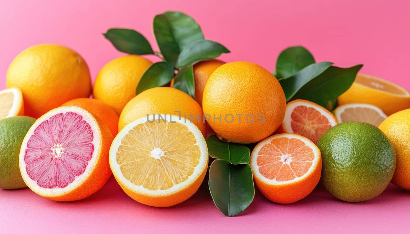 There are a variety of different types of citrus fruits beautifully displayed against a pink background