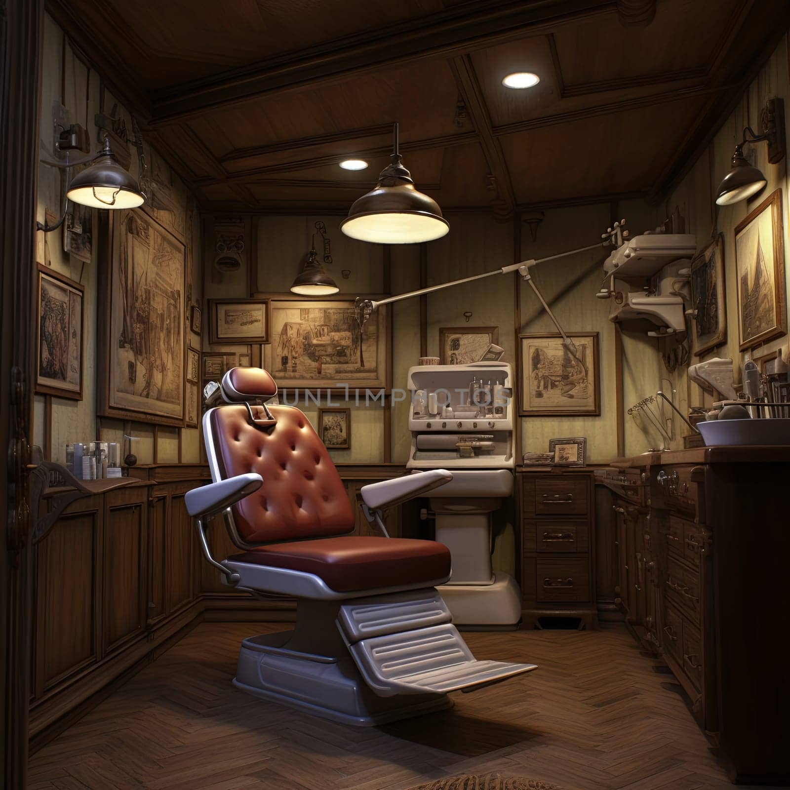The office features industrial pipes on the walls, black and white tile flooring, a large window, and a corner sink. The green leather chair with a metal frame stands out in this distinctive setting.