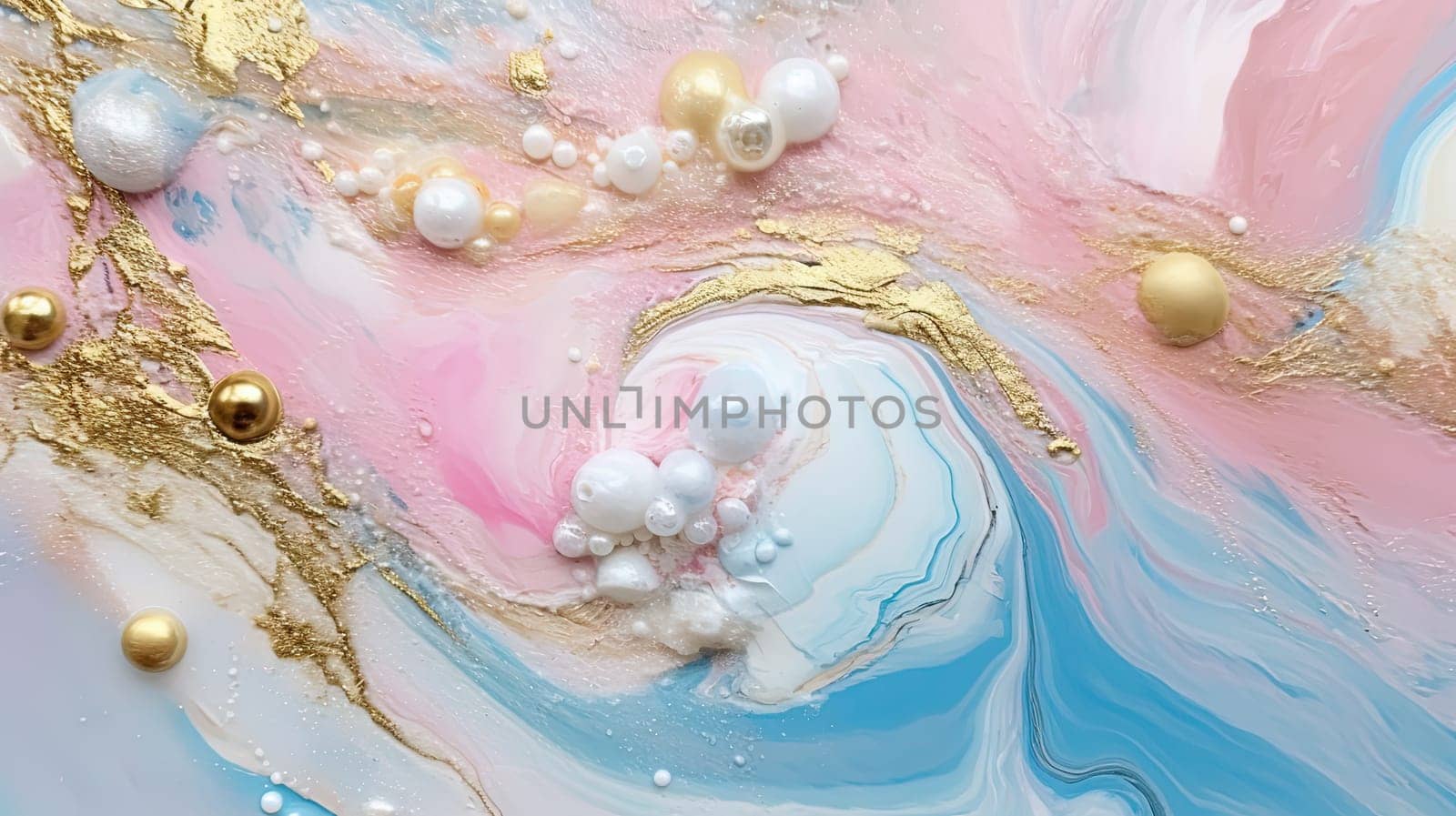 Abstract artistic background with pearlescent pink marble and holographic golden paint stains. Generated AI