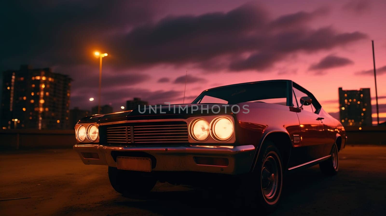 Vintage muscle car parked on the street at night. 80s styled synthwave retro scene with powerful drive in evening. Generated AI