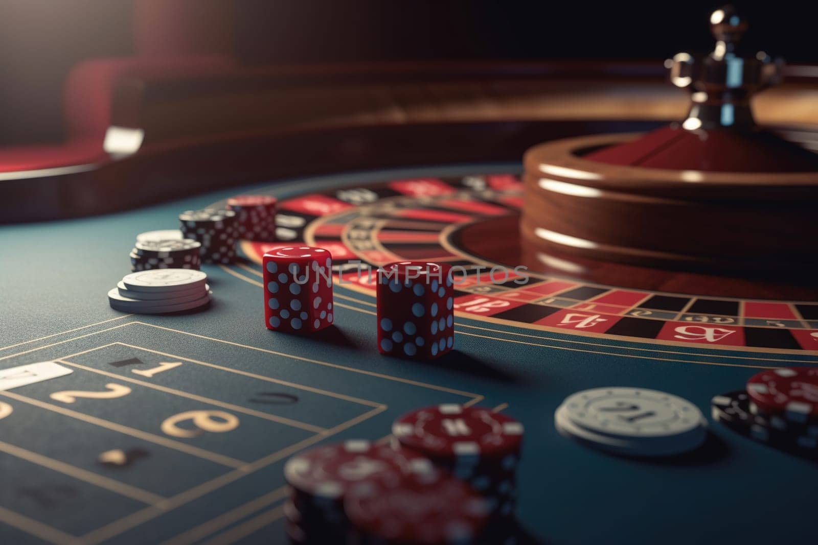 Casino concept with abstract gambling objects. Dark casino room with roulette, cards and dices. Generative AI