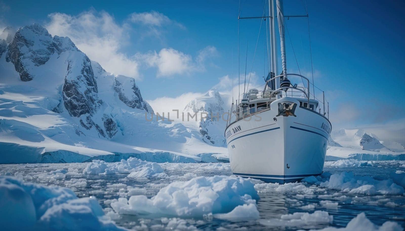 A beautiful sailboat is peacefully floating on a body of water that is surrounded by icy terrain and formations